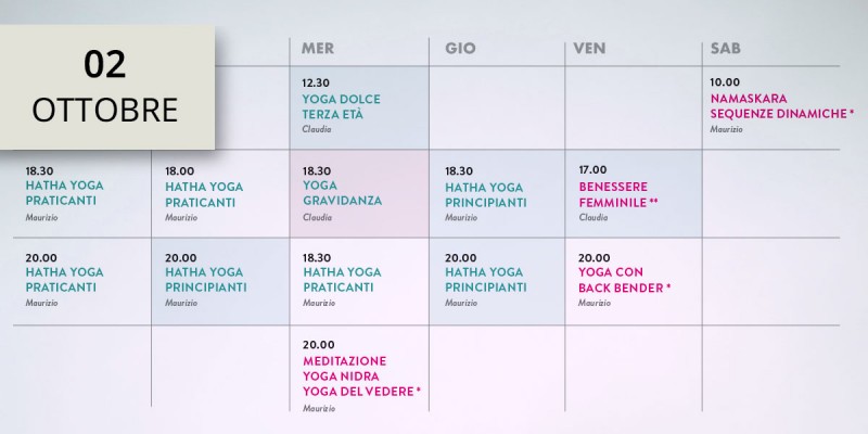 Calendario e nuovi corsi dal 2 ottobre