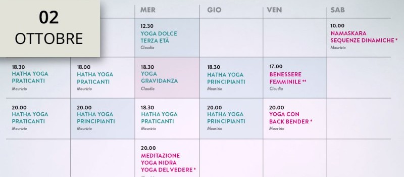 Calendario e nuovi corsi dal 2 ottobre